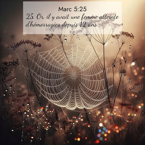 Segond21 Évangile selon Marc  ; image nature: image avec le verset biblique :Or, il y avait une femme atteinte d&#039;hémorragies depuis 12 ans. ;  ; 5:25