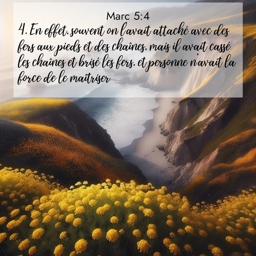 Segond21 Évangile selon Marc  ; image nature: image avec le verset biblique :En effet, souvent on l&#039;avait attaché avec des fers aux pieds et des chaînes, mais il avait cassé les chaînes et brisé les fers, et personne n&#039;avait la force de le maîtriser. ;  ; 5:4
