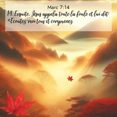 Segond21 Évangile selon Marc  ; image nature: image avec le verset biblique :Ensuite, Jésus appela toute la foule et lui dit: «Ecoutez-moi tous et comprenez. ;  ; 7:14