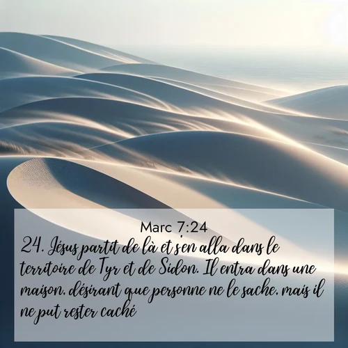 Segond21 Évangile selon Marc  ; image nature: image avec le verset biblique :Jésus partit de là et s&#039;en alla dans le territoire de Tyr et de Sidon. Il entra dans une maison, désirant que personne ne le sache, mais il ne put rester caché, ;  ; 7:24