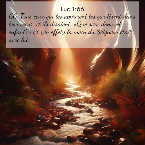 Segond21 Évangile selon Luc  ; image nature: image avec le verset biblique :Tous ceux qui les apprirent les gardèrent dans leur coeur, et ils disaient: «Que sera donc cet enfant?» Et [en effet] la main du Seigneur était avec lui. ;  ; 1:66