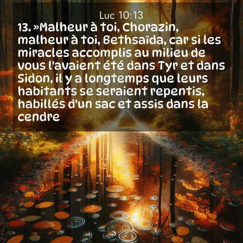 Segond21 Évangile selon Luc  ; image nature: image avec le verset biblique :»Malheur à toi, Chorazin, malheur à toi, Bethsaïda, car si les miracles accomplis au milieu de vous l&#039;avaient été dans Tyr et dans Sidon, il y a longtemps que leurs habitants se seraient repentis, habillés d&#039;un sac et assis dans la cendre. ;  ; 10:13