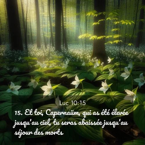 Segond21 Évangile selon Luc  ; image nature: image avec le verset biblique :Et toi, Capernaüm, qui as été élevée jusqu&#039;au ciel, tu seras abaissée jusqu&#039;au séjour des morts. ;  ; 10:15