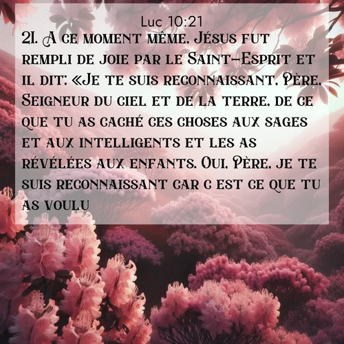 Segond21 Évangile selon Luc  ; image nature: image avec le verset biblique :A ce moment même, Jésus fut rempli de joie par le Saint-Esprit et il dit: «Je te suis reconnaissant, Père, Seigneur du ciel et de la terre, de ce que tu as caché ces choses aux sages et aux intelligents et les as révélées aux enfants. Oui, Père, je te suis reconnaissant car c&#039;est ce que tu as voulu. ;  ; 10:21