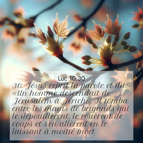 Segond21 Évangile selon Luc  ; image nature: image avec le verset biblique :Jésus reprit la parole et dit: «Un homme descendait de Jérusalem à Jéricho. Il tomba entre les mains de brigands qui le dépouillèrent, le rouèrent de coups et s&#039;en allèrent en le laissant à moitié mort. ;  ; 10:30