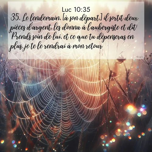 Segond21 Évangile selon Luc  ; image nature: image avec le verset biblique :Le lendemain, [à son départ,] il sortit deux pièces d&#039;argent, les donna à l&#039;aubergiste et dit: &#039;Prends soin de lui, et ce que tu dépenseras en plus, je te le rendrai à mon retour.&#039; ;  ; 10:35