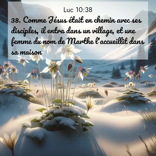 Segond21 Évangile selon Luc  ; image nature: image avec le verset biblique :Comme Jésus était en chemin avec ses disciples, il entra dans un village, et une femme du nom de Marthe l&#039;accueillit dans sa maison. ;  ; 10:38