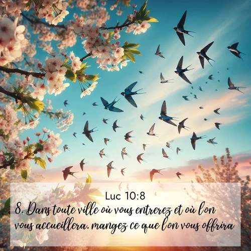 Segond21 Évangile selon Luc  ; image nature: image avec le verset biblique :Dans toute ville où vous entrerez et où l&#039;on vous accueillera, mangez ce que l&#039;on vous offrira, ;  ; 10:8