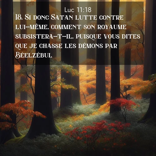 Segond21 Évangile selon Luc  ; image nature: image avec le verset biblique :Si donc Satan lutte contre lui-même, comment son royaume subsistera-t-il, puisque vous dites que je chasse les démons par Béelzébul? ;  ; 11:18