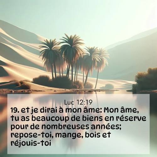Segond21 Évangile selon Luc  ; image nature: image avec le verset biblique :et je dirai à mon âme: Mon âme, tu as beaucoup de biens en réserve pour de nombreuses années; repose-toi, mange, bois et réjouis-toi.&#039; ;  ; 12:19