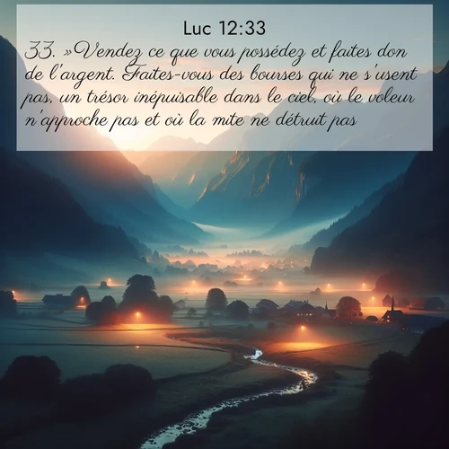Segond21 Évangile selon Luc  ; image nature: image avec le verset biblique :»Vendez ce que vous possédez et faites don de l&#039;argent. Faites-vous des bourses qui ne s&#039;usent pas, un trésor inépuisable dans le ciel, où le voleur n&#039;approche pas et où la mite ne détruit pas. ;  ; 12:33