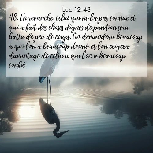 Segond21 Évangile selon Luc  ; image nature: image avec le verset biblique :En revanche, celui qui ne l&#039;a pas connue et qui a fait des choses dignes de punition sera battu de peu de coups. On demandera beaucoup à qui l&#039;on a beaucoup donné, et l&#039;on exigera davantage de celui à qui l&#039;on a beaucoup confié. ;  ; 12:48