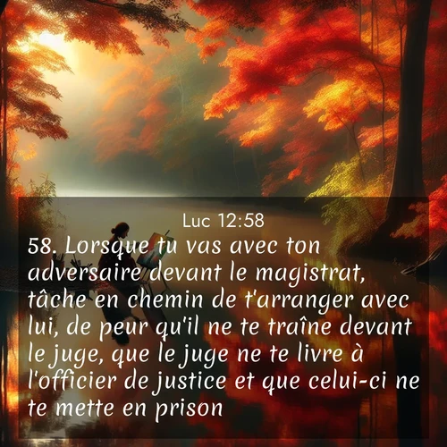Segond21 Évangile selon Luc  ; image nature: image avec le verset biblique :Lorsque tu vas avec ton adversaire devant le magistrat, tâche en chemin de t&#039;arranger avec lui, de peur qu&#039;il ne te traîne devant le juge, que le juge ne te livre à l&#039;officier de justice et que celui-ci ne te mette en prison. ;  ; 12:58