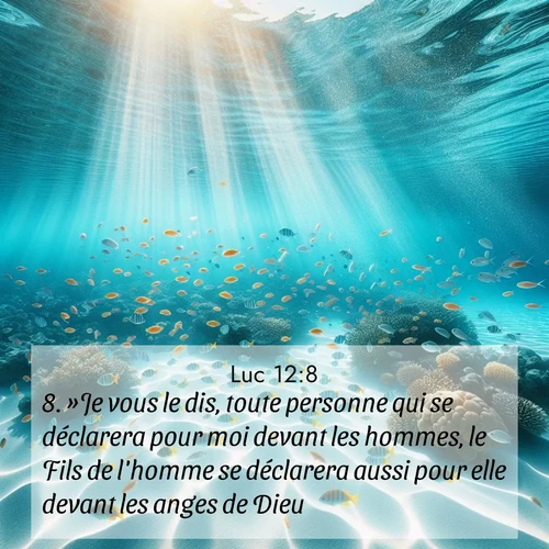 Segond21 Évangile selon Luc  ; image nature: image avec le verset biblique :»Je vous le dis, toute personne qui se déclarera pour moi devant les hommes, le Fils de l&#039;homme se déclarera aussi pour elle devant les anges de Dieu; ;  ; 12:8