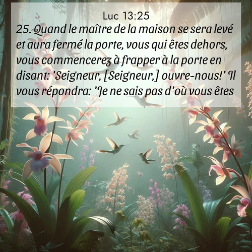 Segond21 Évangile selon Luc  ; image nature: image avec le verset biblique :Quand le maître de la maison se sera levé et aura fermé la porte, vous qui êtes dehors, vous commencerez à frapper à la porte en disant: &#039;Seigneur, [Seigneur,] ouvre-nous!&#039; Il vous répondra: &#039;Je ne sais pas d&#039;où vous êtes.&#039; ;  ; 13:25