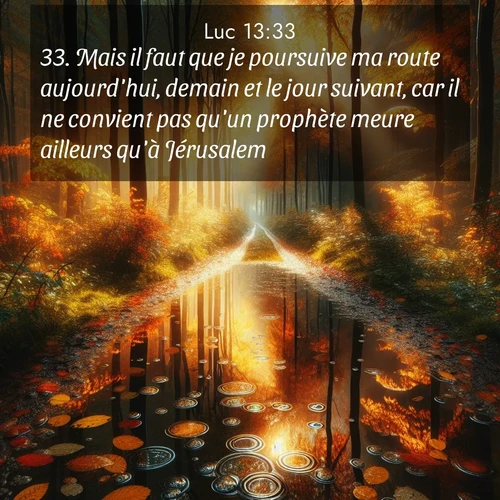 Segond21 Évangile selon Luc  ; image nature: image avec le verset biblique :Mais il faut que je poursuive ma route aujourd&#039;hui, demain et le jour suivant, car il ne convient pas qu&#039;un prophète meure ailleurs qu&#039;à Jérusalem.&#039; ;  ; 13:33