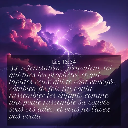Segond21 Évangile selon Luc  ; image nature: image avec le verset biblique :»Jérusalem, Jérusalem, toi qui tues les prophètes et qui lapides ceux qui te sont envoyés, combien de fois j&#039;ai voulu rassembler tes enfants comme une poule rassemble sa couvée sous ses ailes, et vous ne l&#039;avez pas voulu! ;  ; 13:34