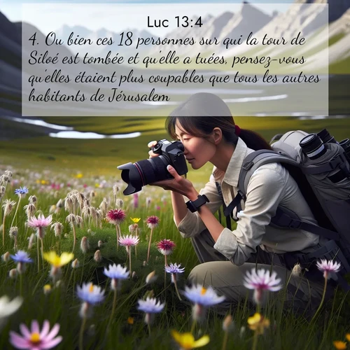 Segond21 Évangile selon Luc  ; image nature: image avec le verset biblique :Ou bien ces 18 personnes sur qui la tour de Siloé est tombée et qu&#039;elle a tuées, pensez-vous qu&#039;elles étaient plus coupables que tous les autres habitants de Jérusalem? ;  ; 13:4
