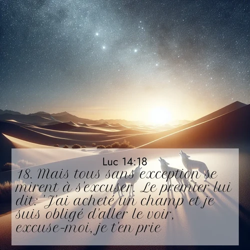 Segond21 Évangile selon Luc  ; image nature: image avec le verset biblique :Mais tous sans exception se mirent à s&#039;excuser. Le premier lui dit: &#039;J&#039;ai acheté un champ et je suis obligé d&#039;aller le voir, excuse-moi, je t&#039;en prie.&#039; ;  ; 14:18