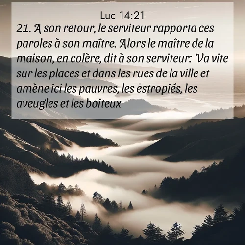 Segond21 Évangile selon Luc  ; image nature: image avec le verset biblique :A son retour, le serviteur rapporta ces paroles à son maître. Alors le maître de la maison, en colère, dit à son serviteur: &#039;Va vite sur les places et dans les rues de la ville et amène ici les pauvres, les estropiés, les aveugles et les boiteux.&#039; ;  ; 14:21