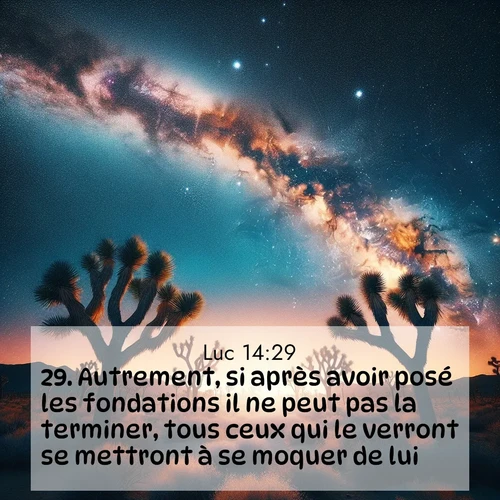 Segond21 Évangile selon Luc  ; image nature: image avec le verset biblique :Autrement, si après avoir posé les fondations il ne peut pas la terminer, tous ceux qui le verront se mettront à se moquer de lui ;  ; 14:29