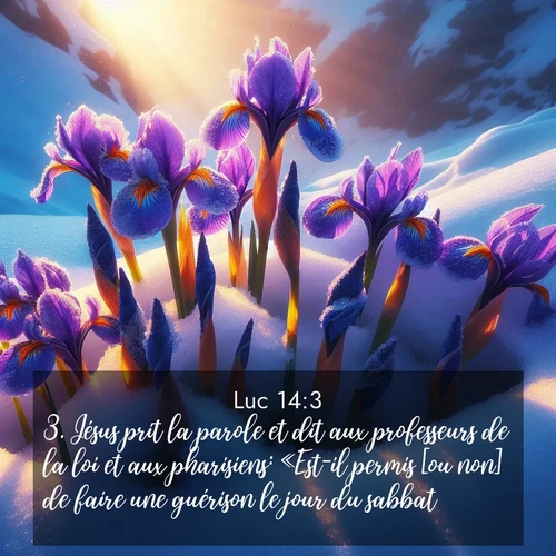Segond21 Évangile selon Luc  ; image nature: image avec le verset biblique :Jésus prit la parole et dit aux professeurs de la loi et aux pharisiens: «Est-il permis [ou non] de faire une guérison le jour du sabbat?» ;  ; 14:3