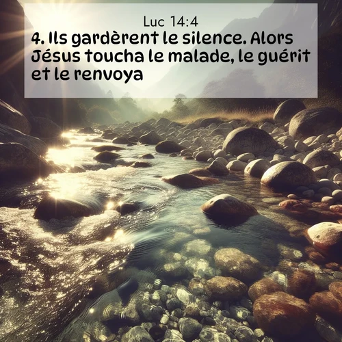 Segond21 Évangile selon Luc  ; image nature: image avec le verset biblique :Ils gardèrent le silence. Alors Jésus toucha le malade, le guérit et le renvoya. ;  ; 14:4