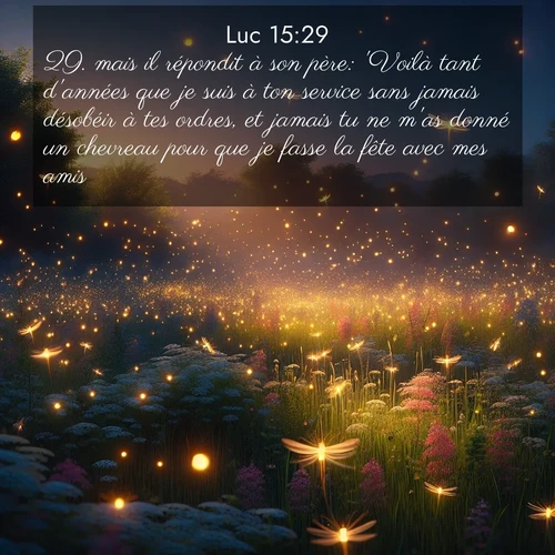 Segond21 Évangile selon Luc  ; image nature: image avec le verset biblique :mais il répondit à son père: &#039;Voilà tant d&#039;années que je suis à ton service sans jamais désobéir à tes ordres, et jamais tu ne m&#039;as donné un chevreau pour que je fasse la fête avec mes amis. ;  ; 15:29
