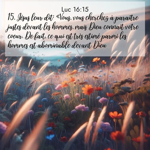 Segond21 Évangile selon Luc  ; image nature: image avec le verset biblique :Jésus leur dit: «Vous, vous cherchez à paraître justes devant les hommes, mais Dieu connaît votre coeur. De fait, ce qui est très estimé parmi les hommes est abominable devant Dieu. ;  ; 16:15