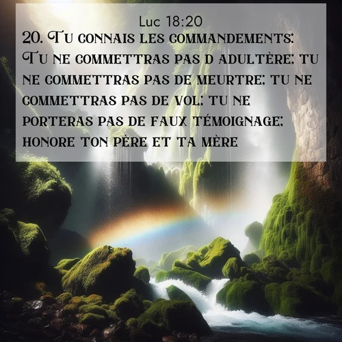 Segond21 Évangile selon Luc  ; image nature: image avec le verset biblique :Tu connais les commandements: Tu ne commettras pas d&#039;adultère; tu ne commettras pas de meurtre; tu ne commettras pas de vol; tu ne porteras pas de faux témoignage; honore ton père et ta mère.» ;  ; 18:20