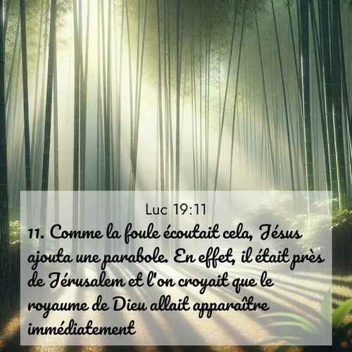 Segond21 Évangile selon Luc  ; image nature: image avec le verset biblique :Comme la foule écoutait cela, Jésus ajouta une parabole. En effet, il était près de Jérusalem et l&#039;on croyait que le royaume de Dieu allait apparaître immédiatement. ;  ; 19:11
