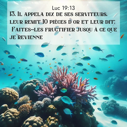 Segond21 Évangile selon Luc  ; image nature: image avec le verset biblique :Il appela dix de ses serviteurs, leur remit 10 pièces d&#039;or et leur dit: &#039;Faites-les fructifier jusqu&#039;à ce que je revienne.&#039; ;  ; 19:13