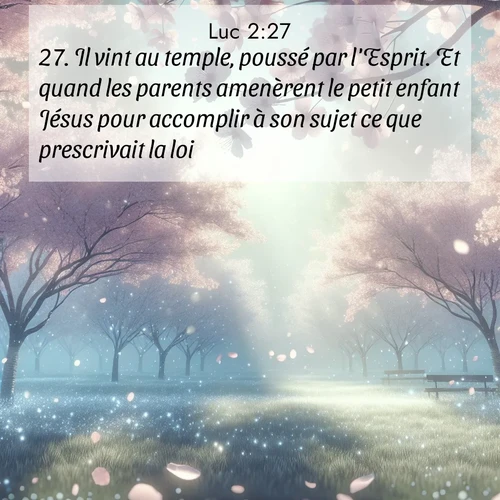 Segond21 Évangile selon Luc  ; image nature: image avec le verset biblique :Il vint au temple, poussé par l&#039;Esprit. Et quand les parents amenèrent le petit enfant Jésus pour accomplir à son sujet ce que prescrivait la loi, ;  ; 2:27