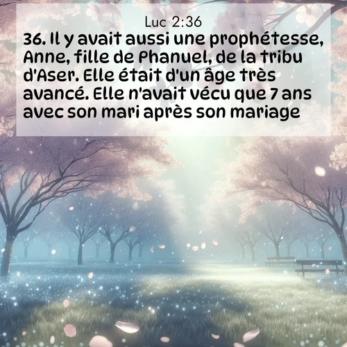 Segond21 Évangile selon Luc  ; image nature: image avec le verset biblique :Il y avait aussi une prophétesse, Anne, fille de Phanuel, de la tribu d&#039;Aser. Elle était d&#039;un âge très avancé. Elle n&#039;avait vécu que 7 ans avec son mari après son mariage. ;  ; 2:36