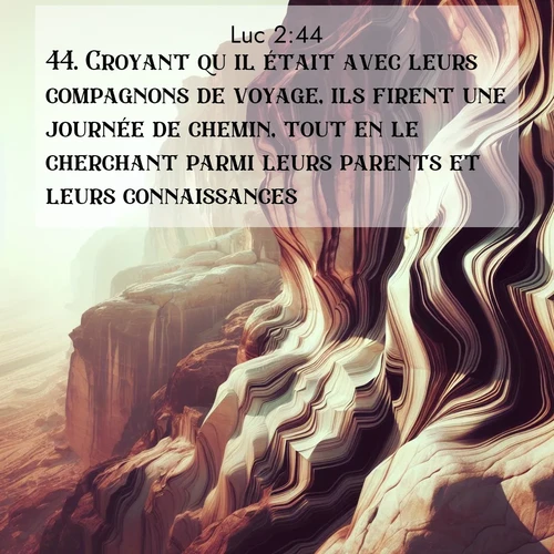 Segond21 Évangile selon Luc  ; image nature: image avec le verset biblique :Croyant qu&#039;il était avec leurs compagnons de voyage, ils firent une journée de chemin, tout en le cherchant parmi leurs parents et leurs connaissances. ;  ; 2:44