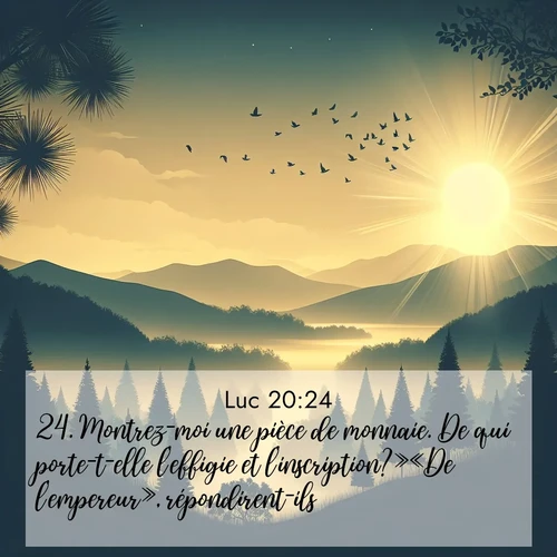 Segond21 Évangile selon Luc  ; image nature: image avec le verset biblique :Montrez-moi une pièce de monnaie. De qui porte-t-elle l&#039;effigie et l&#039;inscription?»«De l&#039;empereur», répondirent-ils. ;  ; 20:24