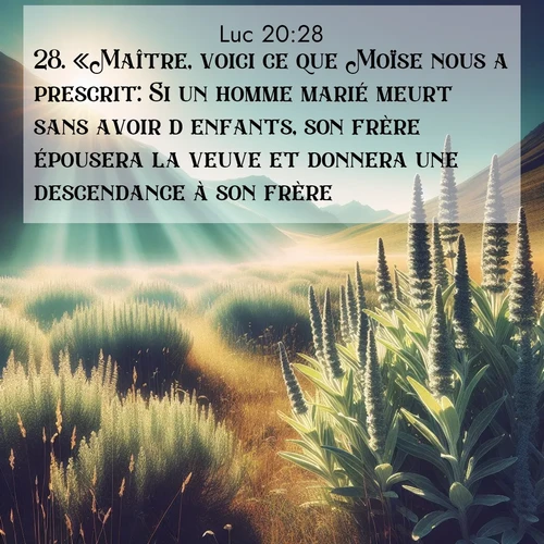 Segond21 Évangile selon Luc  ; image nature: image avec le verset biblique :«Maître, voici ce que Moïse nous a prescrit: Si un homme marié meurt sans avoir d&#039;enfants, son frère épousera la veuve et donnera une descendance à son frère. ;  ; 20:28