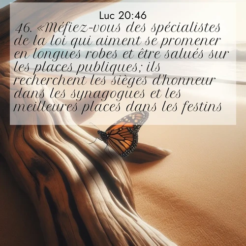 Segond21 Évangile selon Luc  ; image nature: image avec le verset biblique :«Méfiez-vous des spécialistes de la loi qui aiment se promener en longues robes et être salués sur les places publiques; ils recherchent les sièges d&#039;honneur dans les synagogues et les meilleures places dans les festins; ;  ; 20:46