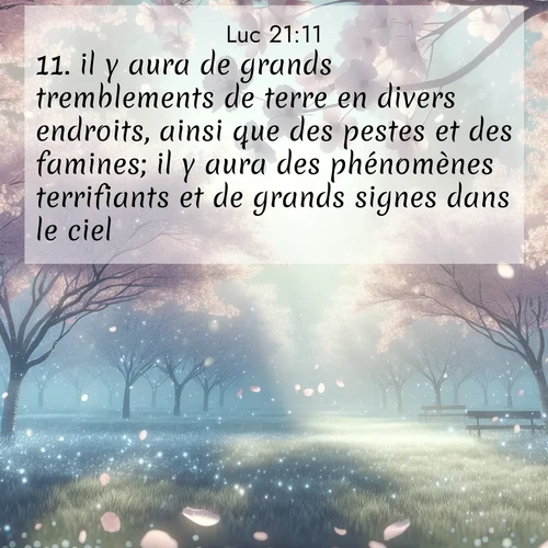 Segond21 Évangile selon Luc  ; image nature: image avec le verset biblique :il y aura de grands tremblements de terre en divers endroits, ainsi que des pestes et des famines; il y aura des phénomènes terrifiants et de grands signes dans le ciel. ;  ; 21:11