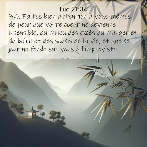 Segond21 Évangile selon Luc  ; image nature: image avec le verset biblique :Faites bien attention à vous-mêmes, de peur que votre coeur ne devienne insensible, au milieu des excès du manger et du boire et des soucis de la vie, et que ce jour ne fonde sur vous à l&#039;improviste. ;  ; 21:34