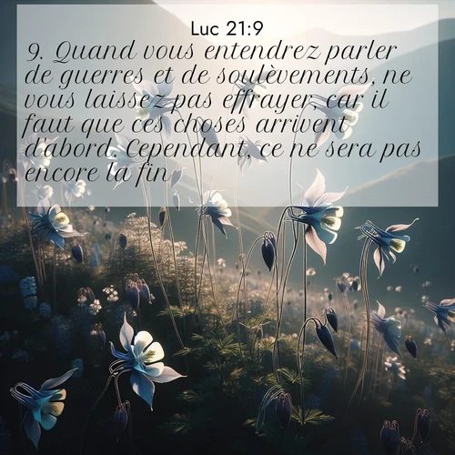 Segond21 Évangile selon Luc  ; image nature: image avec le verset biblique :Quand vous entendrez parler de guerres et de soulèvements, ne vous laissez pas effrayer, car il faut que ces choses arrivent d&#039;abord. Cependant, ce ne sera pas encore la fin.» ;  ; 21:9