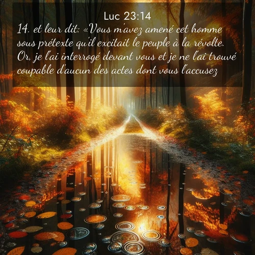 Segond21 Évangile selon Luc  ; image nature: image avec le verset biblique :et leur dit: «Vous m&#039;avez amené cet homme sous prétexte qu&#039;il excitait le peuple à la révolte. Or, je l&#039;ai interrogé devant vous et je ne l&#039;ai trouvé coupable d&#039;aucun des actes dont vous l&#039;accusez; ;  ; 23:14