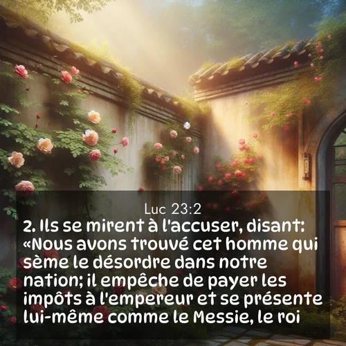 Segond21 Évangile selon Luc  ; image nature: image avec le verset biblique :Ils se mirent à l&#039;accuser, disant: «Nous avons trouvé cet homme qui sème le désordre dans notre nation; il empêche de payer les impôts à l&#039;empereur et se présente lui-même comme le Messie, le roi.» ;  ; 23:2