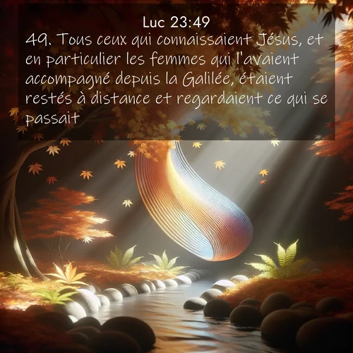 Segond21 Évangile selon Luc  ; image nature: image avec le verset biblique :Tous ceux qui connaissaient Jésus, et en particulier les femmes qui l&#039;avaient accompagné depuis la Galilée, étaient restés à distance et regardaient ce qui se passait. ;  ; 23:49