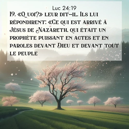 Segond21 Évangile selon Luc  ; image nature: image avec le verset biblique :«Quoi?» leur dit-il. Ils lui répondirent: «Ce qui est arrivé à Jésus de Nazareth, qui était un prophète puissant en actes et en paroles devant Dieu et devant tout le peuple, ;  ; 24:19