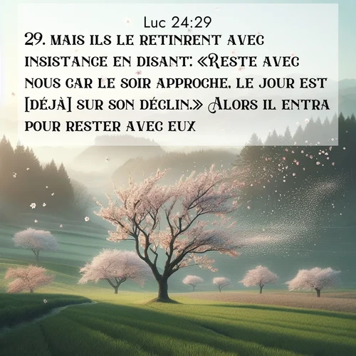 Segond21 Évangile selon Luc  ; image nature: image avec le verset biblique :mais ils le retinrent avec insistance en disant: «Reste avec nous car le soir approche, le jour est [déjà] sur son déclin.» Alors il entra pour rester avec eux. ;  ; 24:29