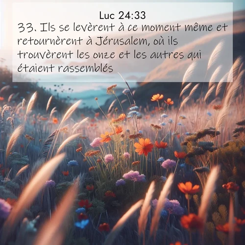 Segond21 Évangile selon Luc  ; image nature: image avec le verset biblique :Ils se levèrent à ce moment même et retournèrent à Jérusalem, où ils trouvèrent les onze et les autres qui étaient rassemblés ;  ; 24:33
