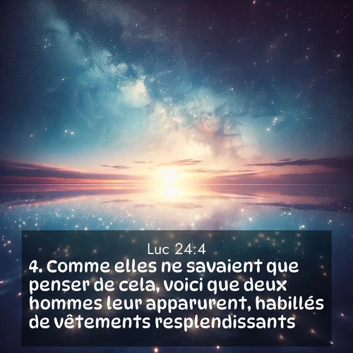 Segond21 Évangile selon Luc  ; image nature: image avec le verset biblique :Comme elles ne savaient que penser de cela, voici que deux hommes leur apparurent, habillés de vêtements resplendissants. ;  ; 24:4