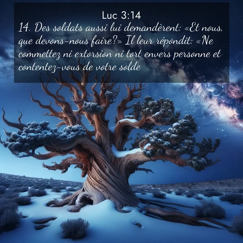 Segond21 Évangile selon Luc  ; image nature: image avec le verset biblique :Des soldats aussi lui demandèrent: «Et nous, que devons-nous faire?» Il leur répondit: «Ne commettez ni extorsion ni tort envers personne et contentez-vous de votre solde.» ;  ; 3:14