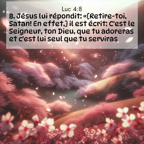 Segond21 Évangile selon Luc  ; image nature: image avec le verset biblique :Jésus lui répondit: «[Retire-toi, Satan! En effet,] il est écrit: C&#039;est le Seigneur, ton Dieu, que tu adoreras et c&#039;est lui seul que tu serviras.» ;  ; 4:8